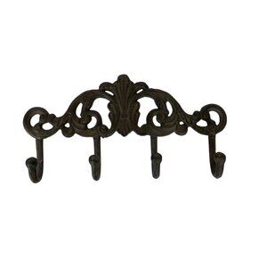 Antique-Style Cast Iron Wall-Mounted 4 Hook Rack Ornate Design for Coats Hats